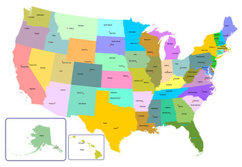 Colorful USA map with states and capital cities.