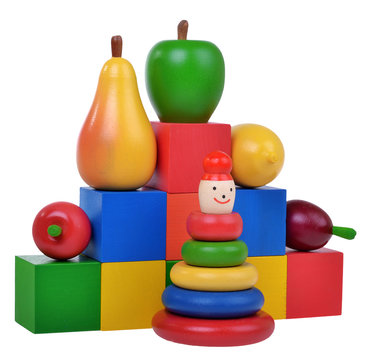 Wooden pyramid, fruits, cubes, education kit