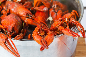 Boiled crayfish in pan