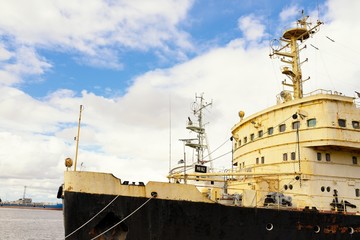 Fototapeta premium Front view of moored big ship in Russia
