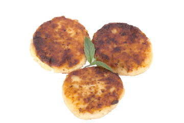 cheese pancakes with mint isolated on white background