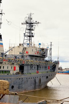 Front view of moored big ship in Russia