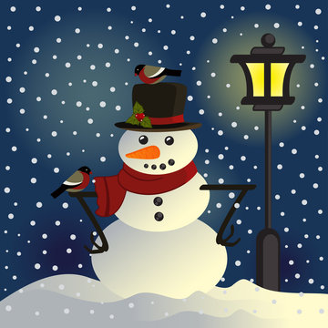 snowman under lantern - vector illustration, eps