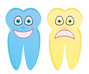 Vector cartoon illustration of healthy tooth and rotten tooth