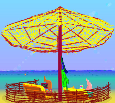 guys lay under umbrella at the seaside