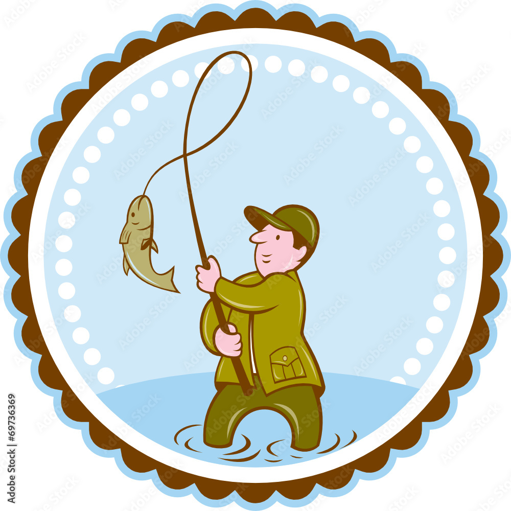 Wall mural Fly Fisherman Fish On Reel Rosette Cartoon