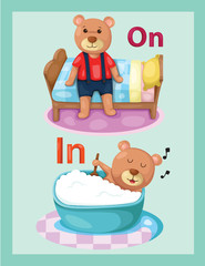 cartoon bear with vocabulary on and in