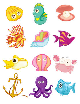 cartoon set of sea animals