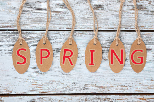 Spring tags on wooden background