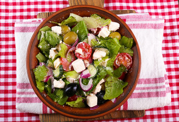 Bowl of Greek salad served