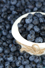 Tasty ripe blueberries in bowl, close up