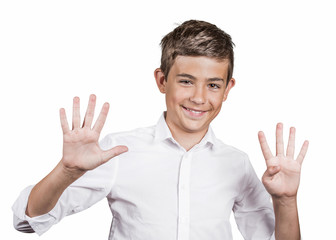 Fototapeta premium Teenager showing two hands, palms, fingers, making number nine