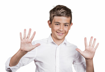 Naklejka premium Teenager making five times sign gesture with two hands, fingers
