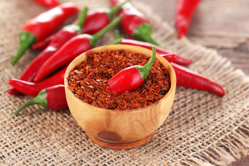 Milled red chili pepper in bowl on wooden background