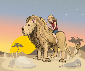 Cute girl riding a huge Lion king