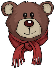 Teddy bear portrait, with warm red scarf