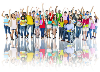 Group of High School Students with Arms Raised