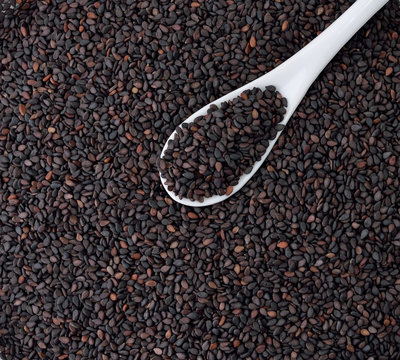 Black sesame seed, cereal, food agriculture background.
