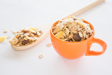 Mixture of cereals on white table