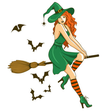 Beautiful witch sitting on the broom