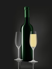 Wine bottle and white wine glass on black