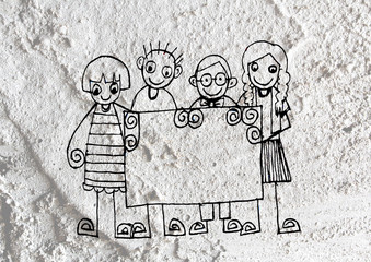 cartoon teenagers blank frame on Cement wall Background texture