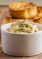 Eggpland puree close up on wooden background