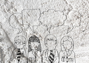 People thinking people talking and Speech Bubble on Cement wall
