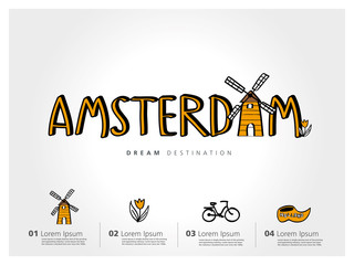 Amsterdam travel set, Netherlands, windmill, typography