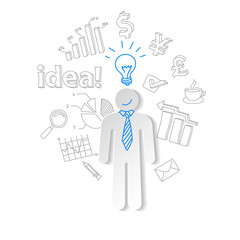 Paper man, light and word idea and business graphs.