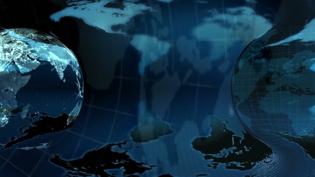 Two Earth globe rotated on a blue earth map  background (loop)