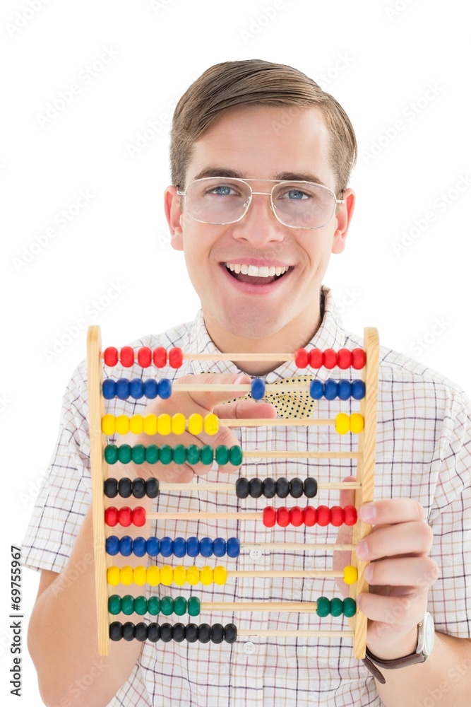 Poster nerdy hipster adding on abacus