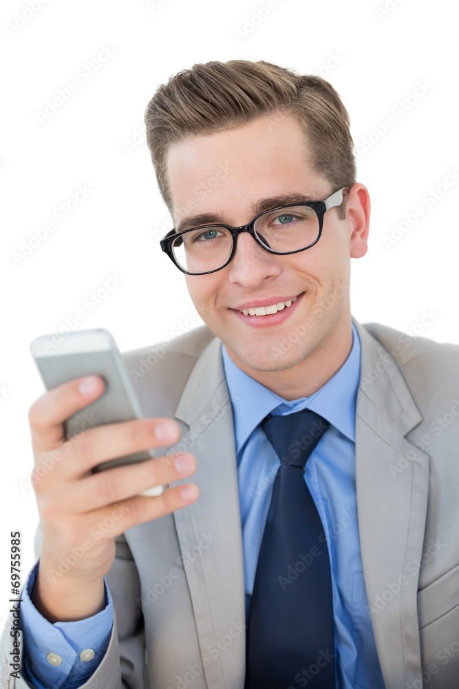 Poster nerdy businessman sending a text