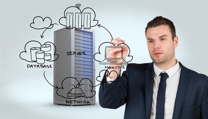 Composite image of young businessman writing with marker