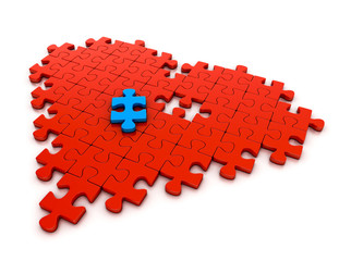 colorful puzzle pieces in heart shape. 3d illustration