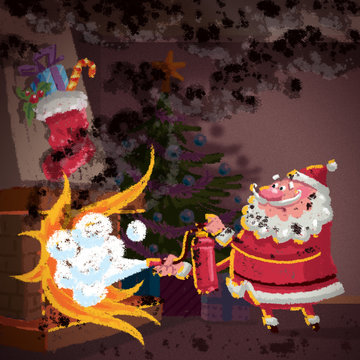 Santa Claus cartoon scene trying to control fire in fireplace