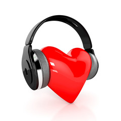 Fototapeta na wymiar Red heart with earphones. 3d illustration