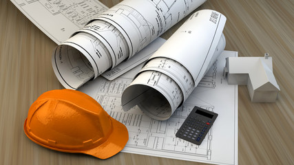 Blueprints, house model  on architect working table