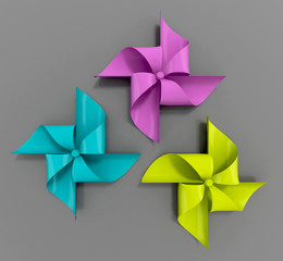 three colorful pinwheels. 3d illustration