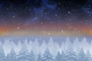 Obraz na płótnie Canvas Snow falling on fir tree forest