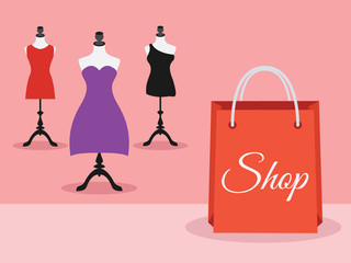 Mannequins with dresses and shopping bag, vector