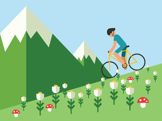 Obraz na płótnie Canvas Guy riding a bike in mountain landscape, vector