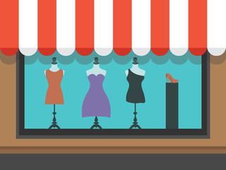 Fashion shopfront window with mannequins, vector