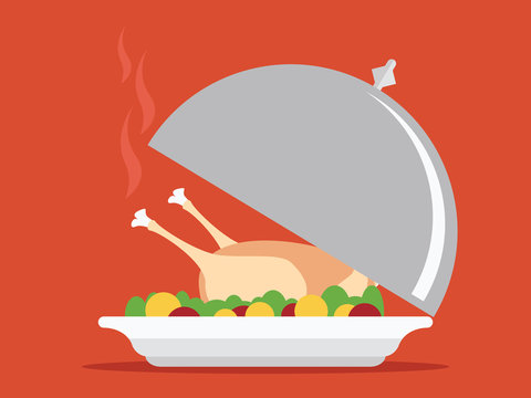 Roasted turkey on tray vector for Thanksgiving