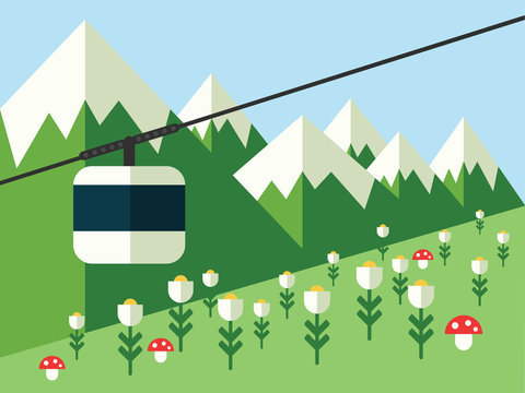 Mountain landscape with cableway, vector