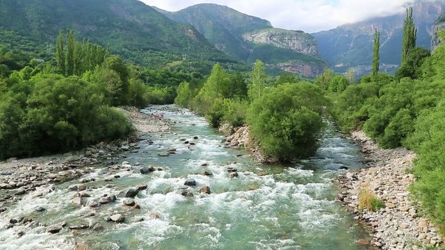 Rio Ara river in the Torla in Valle de Ordesa valley Pyrenees 