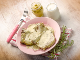 chump with mustard and yogurt sauce