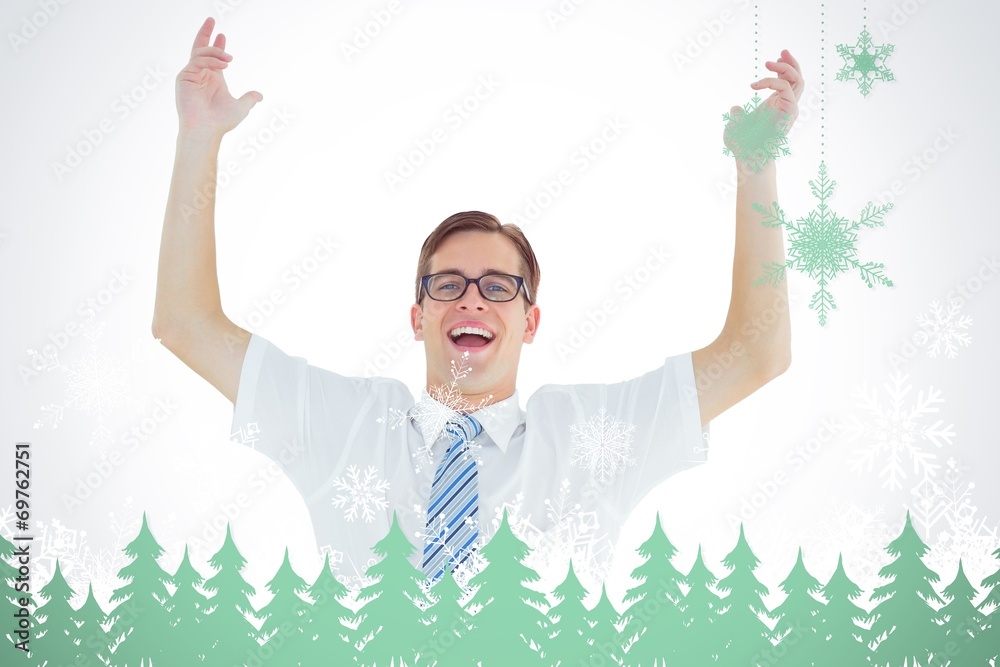 Aufkleber composite image of geeky happy businessman with arms up