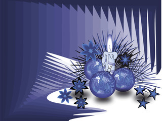 Christmas balls and candle on blue background