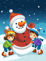 Christmas scene with snowman - illustration for the children